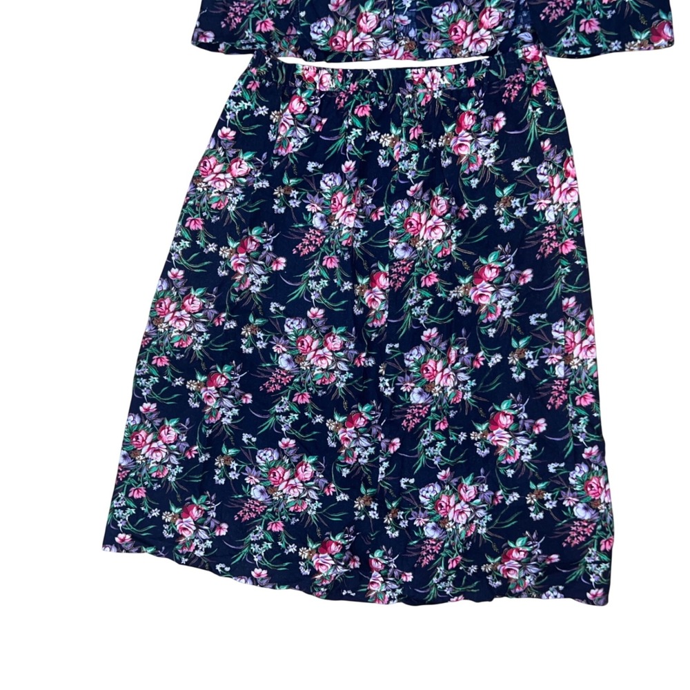Vintage 80s 90s Good Times Navy Floral Skirt Set Pearl Buttons Size 14 USA - Picture 5 of 13